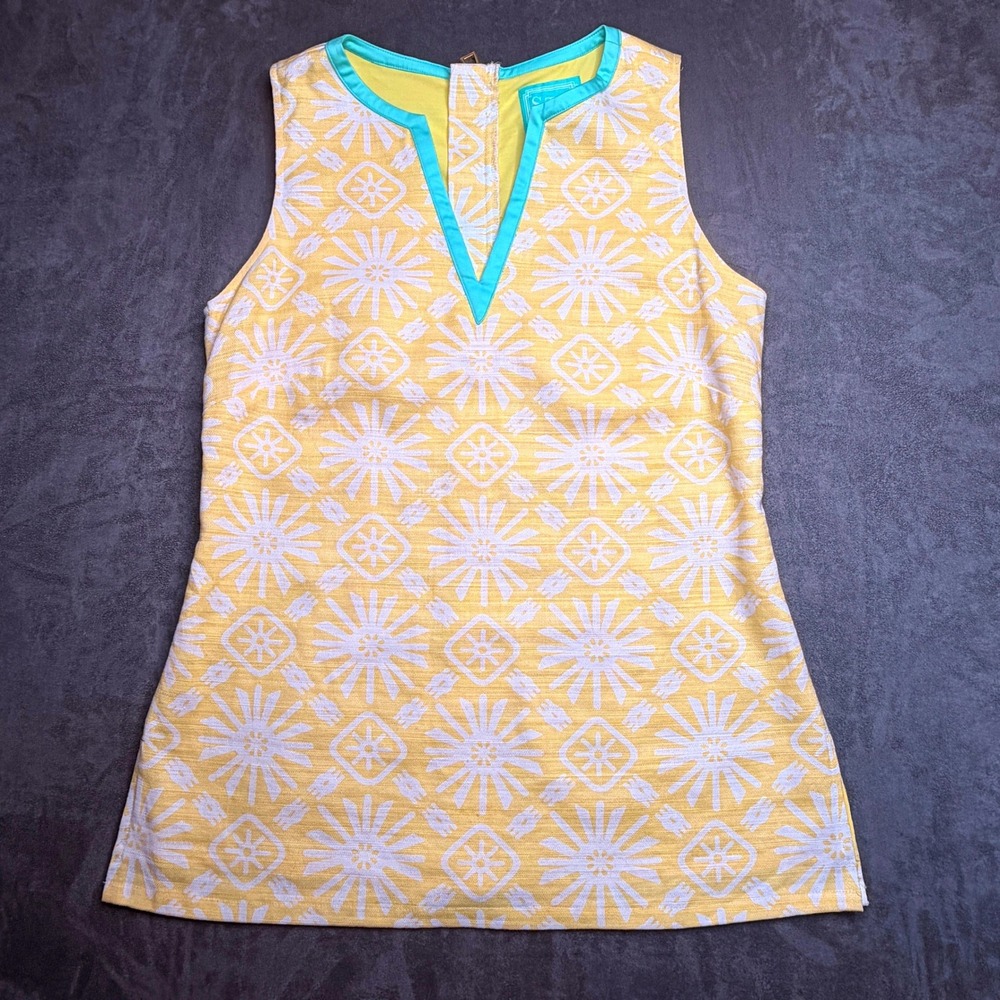 Sail to Sable Tunic Top Womens M Linen Yellow Geometric Back Zip Preppy Resort